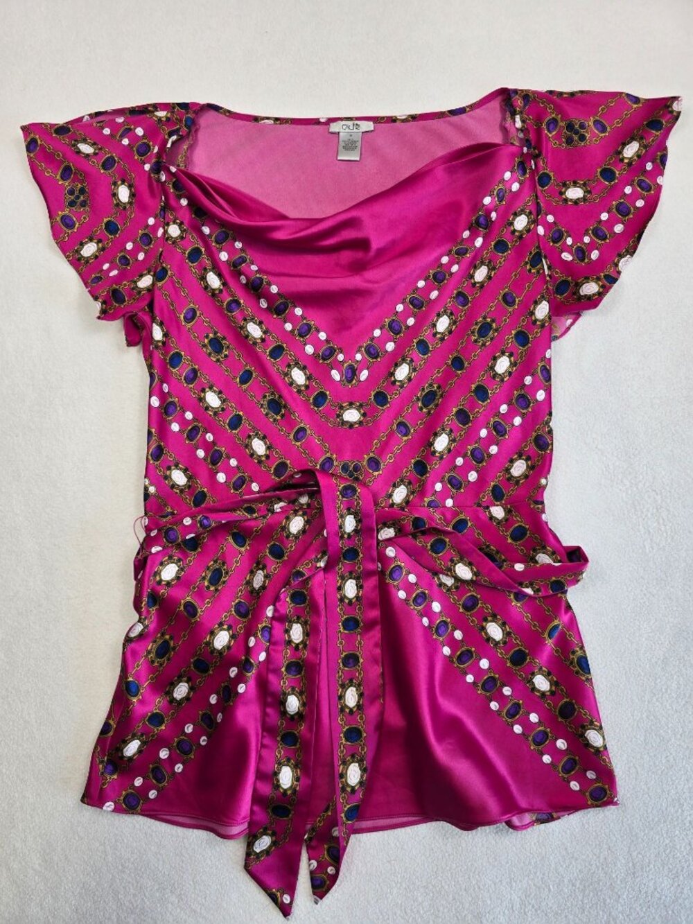 Vintage Y2K Cache Womens Pink Satin Belted Cowl Neck Top M Flutter Sleeves